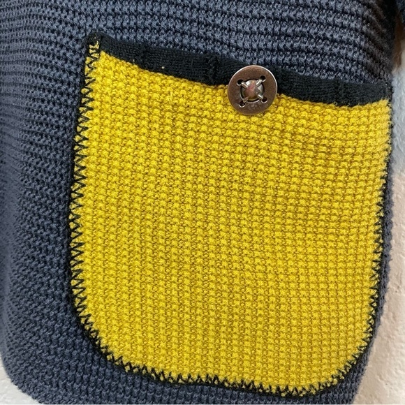 Color Block Navy Blue Cream Golden Yellow Cotton Knit Turtleneck Sweater Sz LG - Picture 3 of 8